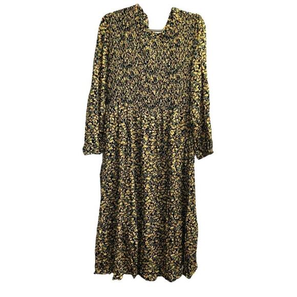 BLOOMCHIC Black With Multicolor Floral Shirred Midi Dress Size 12 - Picture 1 of 5